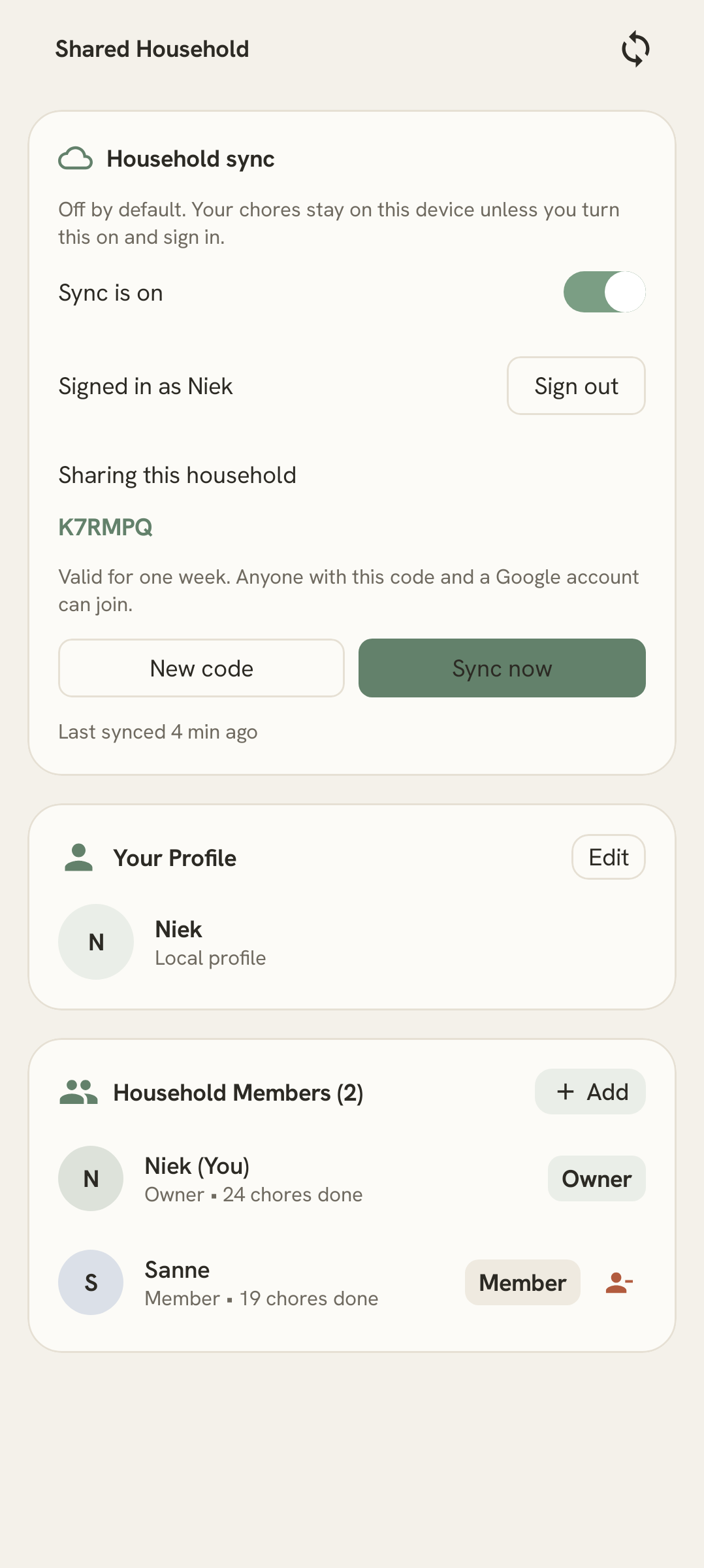 Household screen showing sync switched on, an invite code and household members.