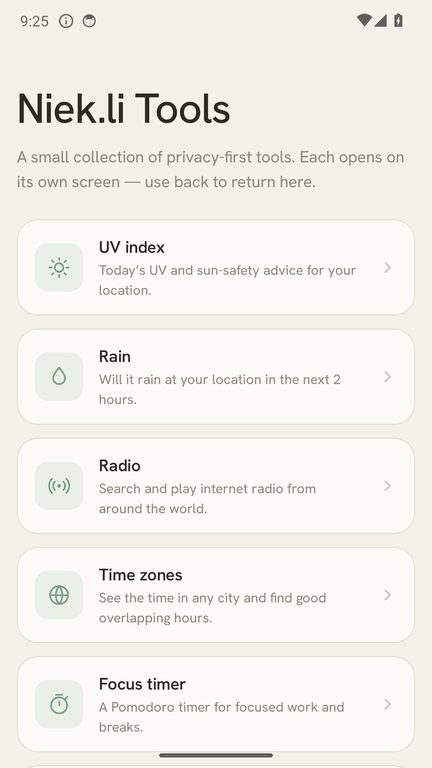 The Niek.li Tools home screen, listing UV index, Rain, Radio, Time zones, Focus timer, Exchange rates, Food scanner and Colour picker.