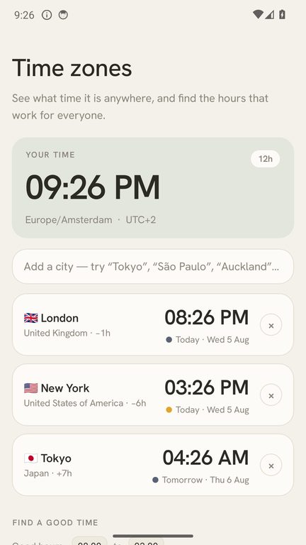 Time zones screen showing a world clock and an overlap grid of good hours.