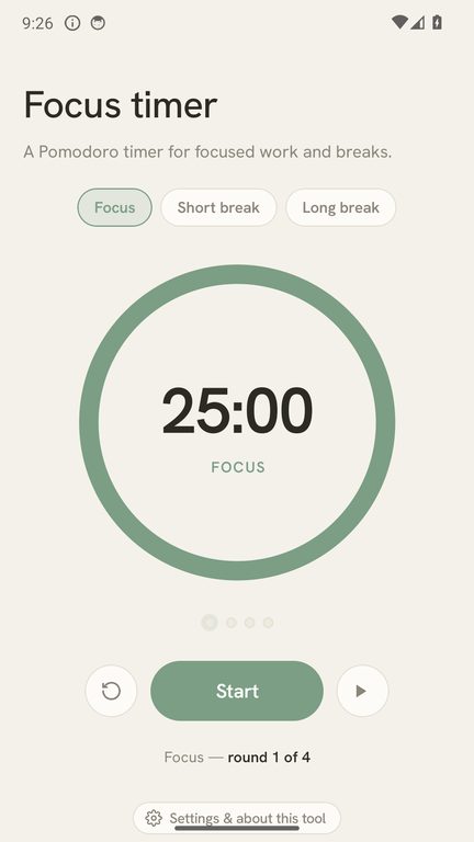 Focus timer screen showing a countdown dial and round controls.