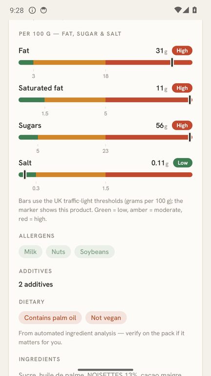 Food scanner screen showing a product's Nutri-Score, processing group and traffic-light nutrition.