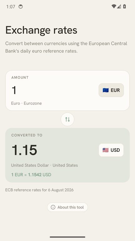 Exchange rates screen converting euros to US dollars at ECB reference rates.