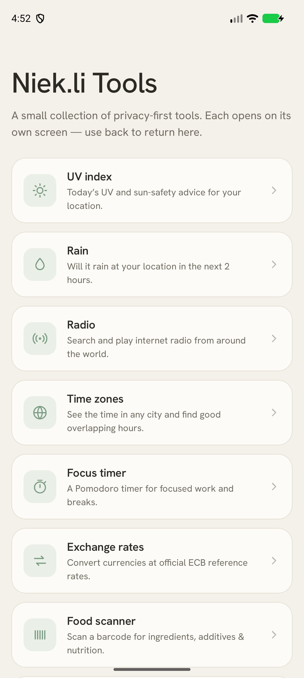 The Niek.li Tools home screen, listing UV index, Rain, Radio, Time zones, Focus timer, Exchange rates, Food scanner and Colour picker.