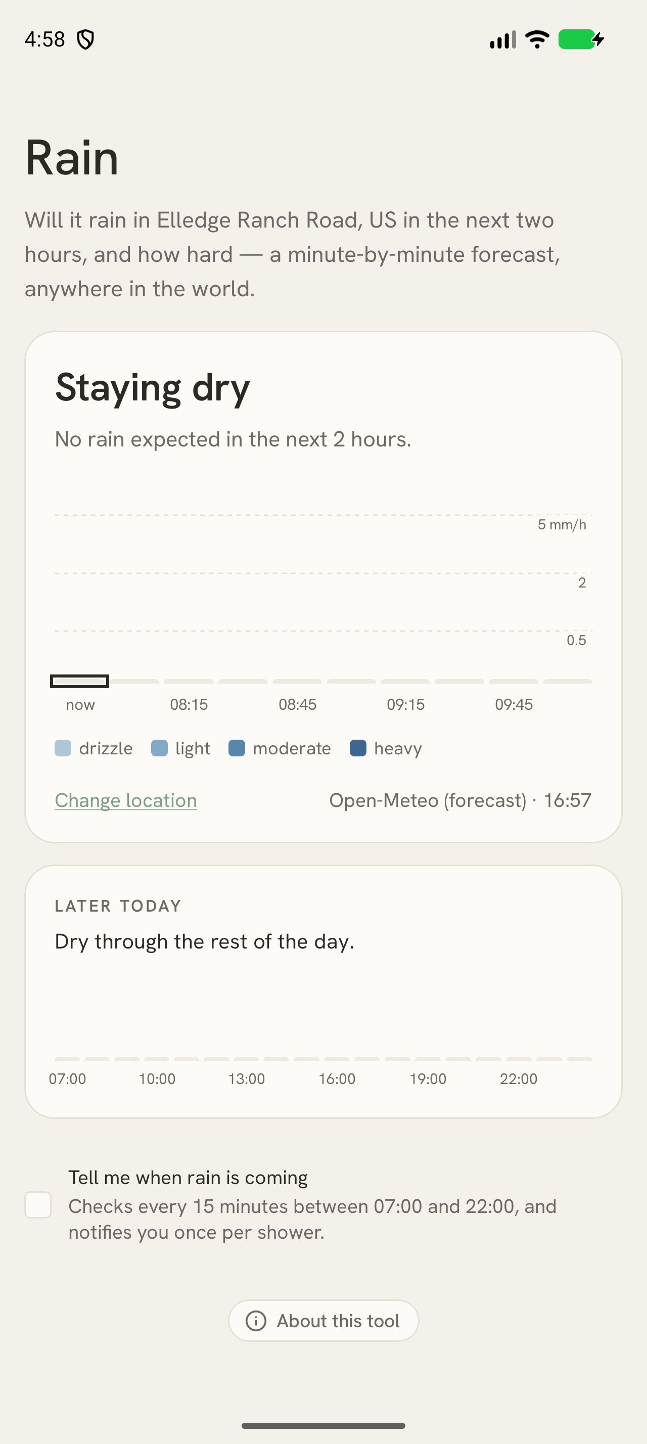 Rain screen showing a two-hour minute-by-minute rain forecast chart.