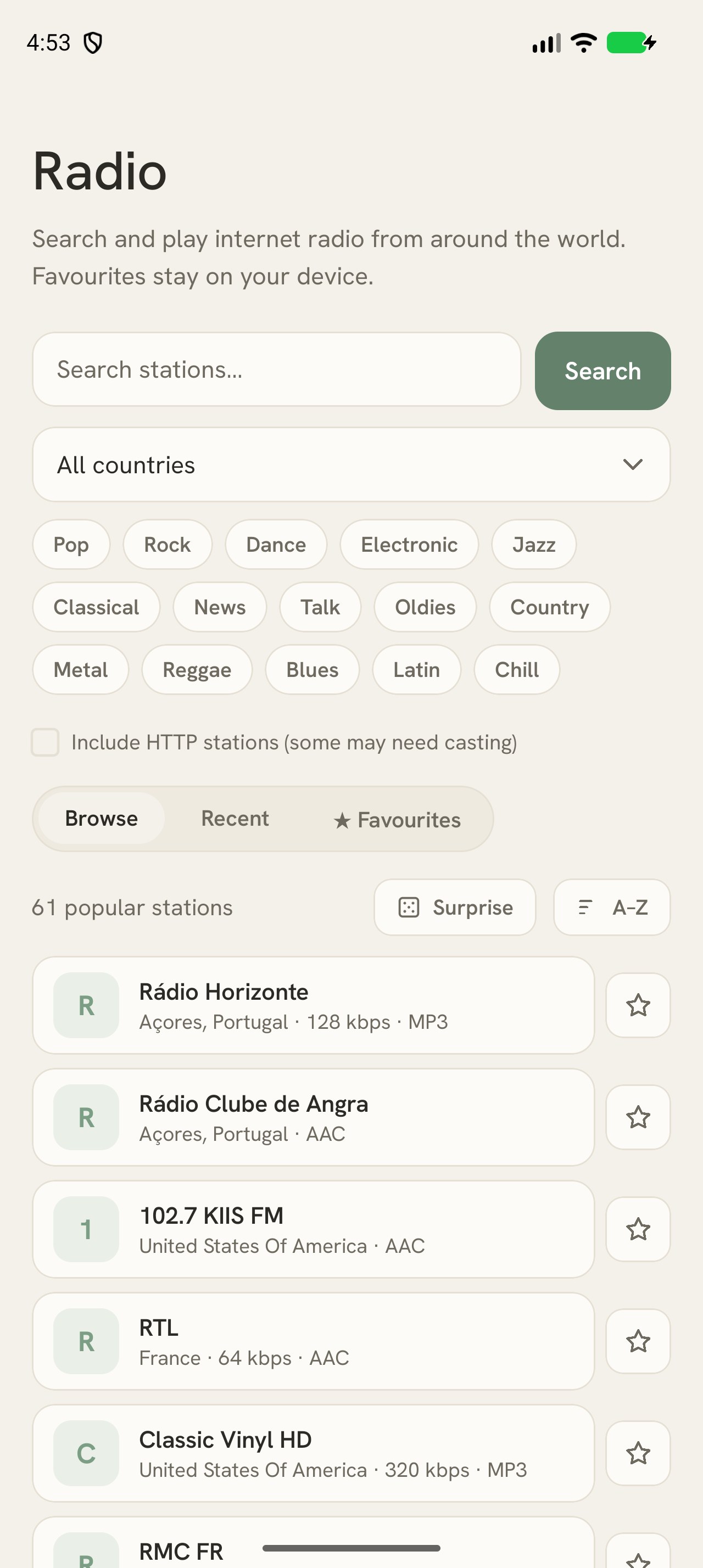 Radio screen showing a station list and the now-playing bar.