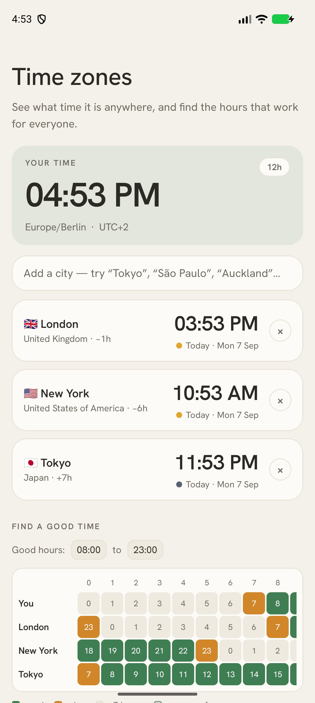 Time zones screen showing a world clock and an overlap grid of good hours.