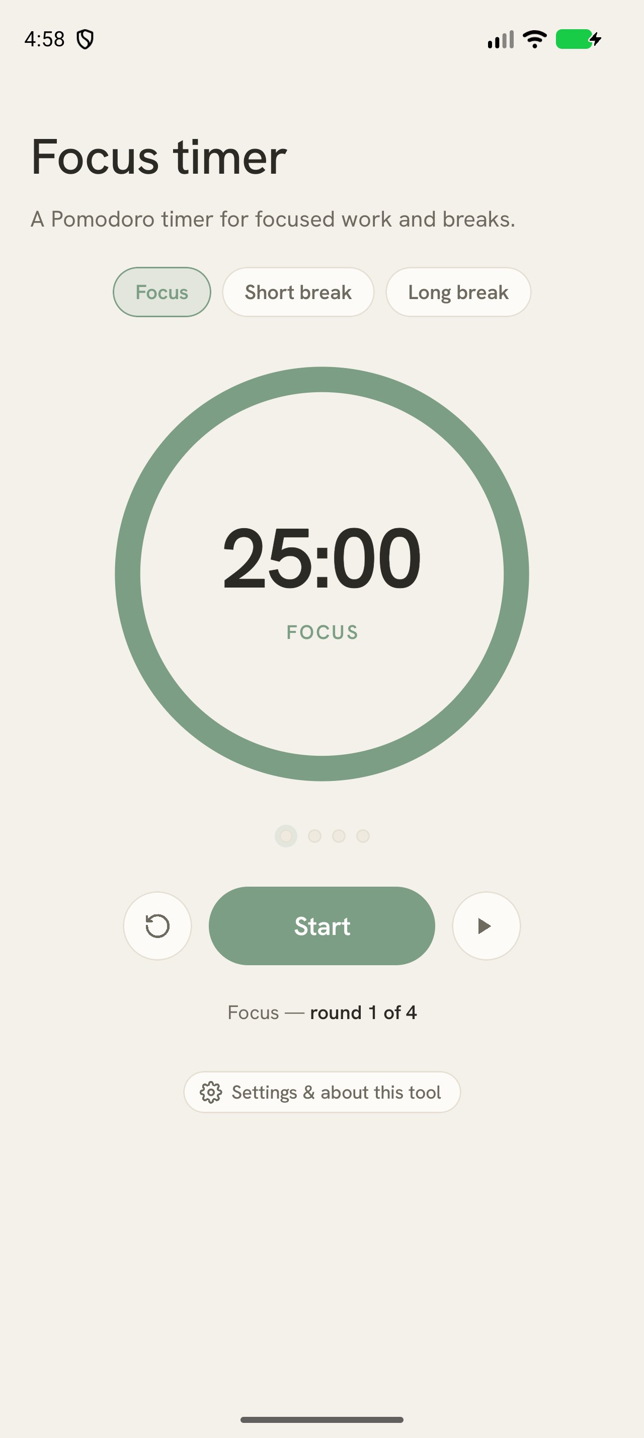 Focus timer screen showing a countdown dial and round controls.