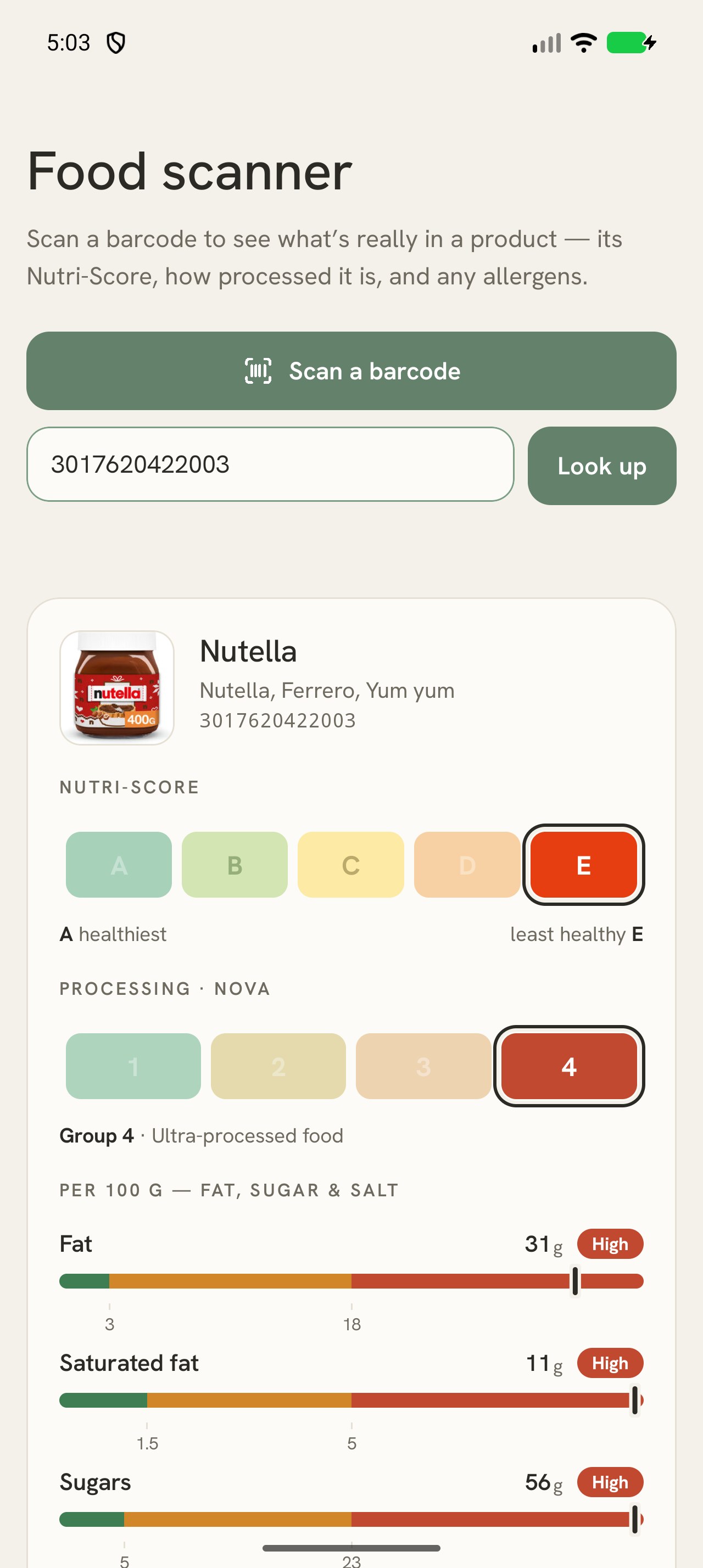 Food scanner screen showing a product's Nutri-Score, processing group and traffic-light nutrition.