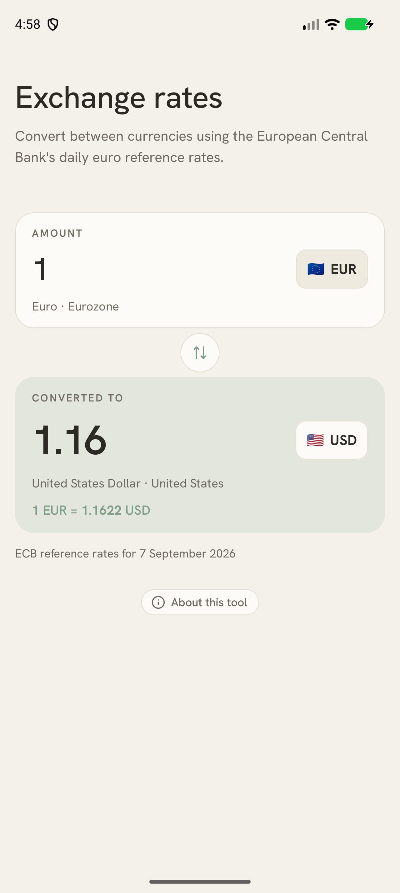 Exchange rates screen converting euros to US dollars at ECB reference rates.