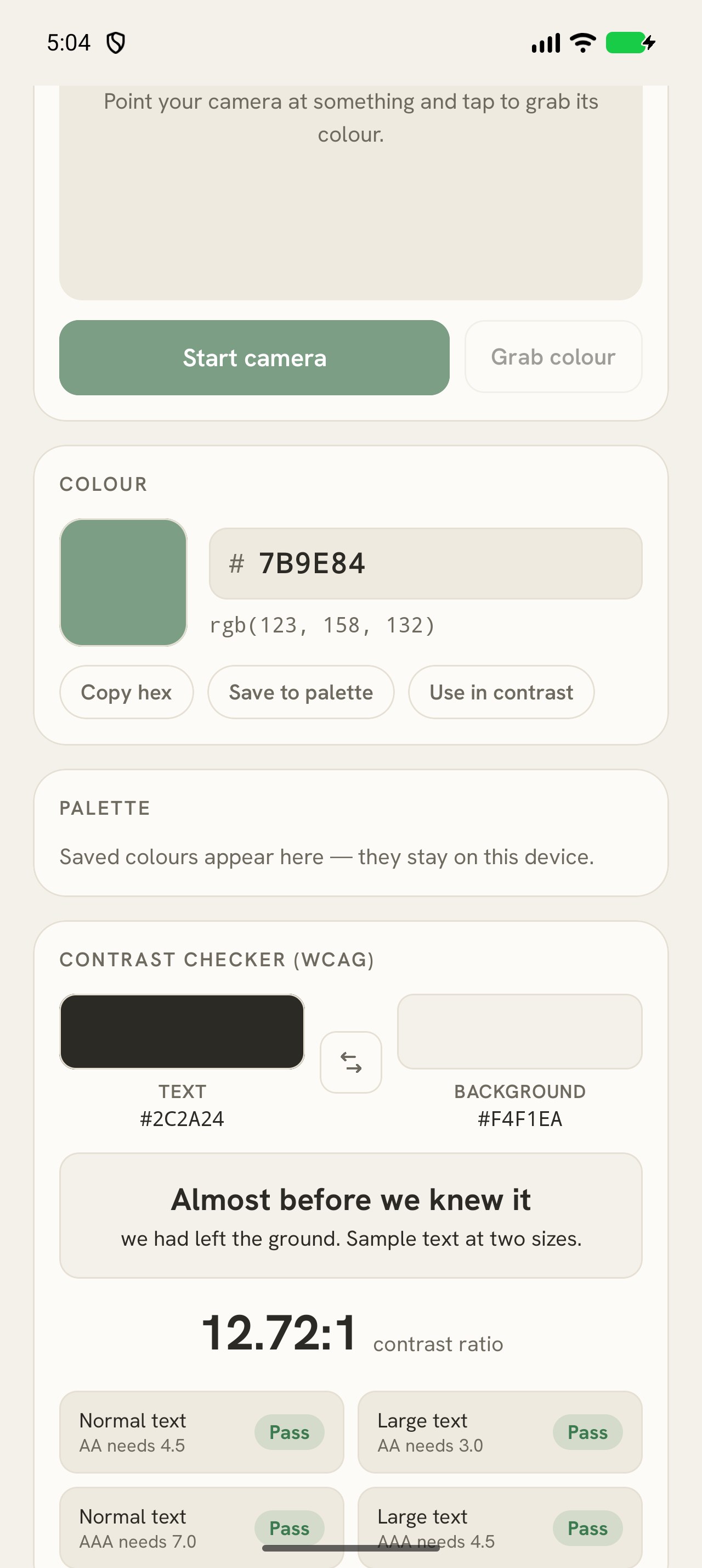 Colour picker screen showing a captured colour, its hex value and contrast checking.